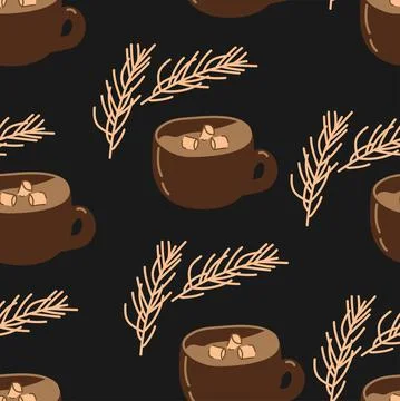 Vector. Winter background with drawn cartoon mug of hot cocoa with marshmallows. Stock Illustration