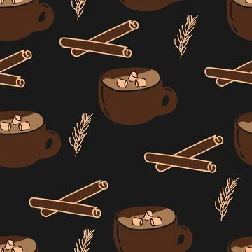 Vector. Winter background with drawn cartoon mug of hot cocoa with marshmallows, Stock Illustration