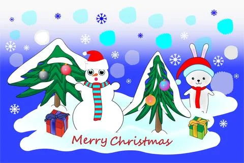 Vector winter banner with a snowman and a cute rabbit. Christmas characters in a Illustrazione stock