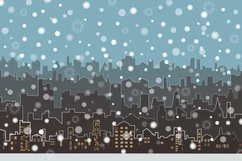 Vector of winter cityscape with snowflakes, lights Illustrazione stock