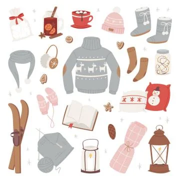 Vector winter clothes warm set of hat, scarf, sweater, gloves fashion clothing Stock Illustration