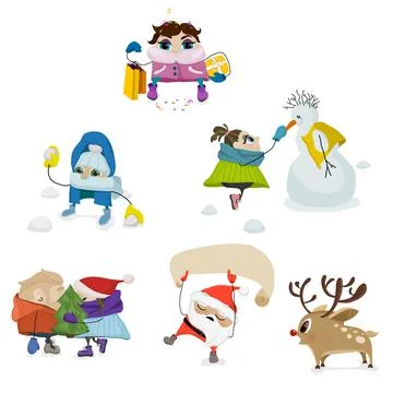 Vector winter comical characters. A girl and snowman. Drunk Santa Claus Stock Illustration