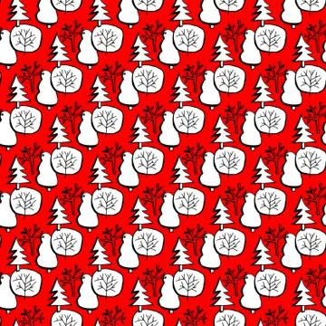 Vector winter forest hand drawn pattern red white color Illustrazione stock