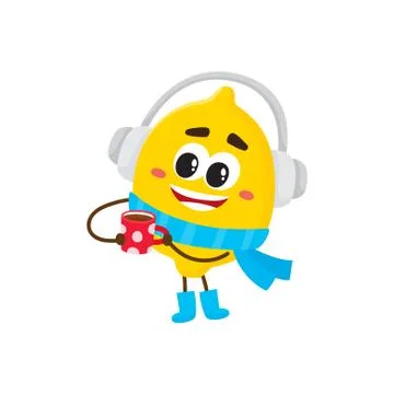 Vector winter fruit lemon in headphones, hot cup Stock Illustration
