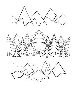 Vector winter graphic line seamless border set background, forest, trees, sno Stock Illustration