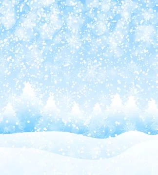 Vector winter holidays landscape background with trees, snowflakes and fallin Stock Illustration