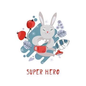 Vector winter illustration of a hare. Winter elements of plants. Grass mushro Illustrazione stock