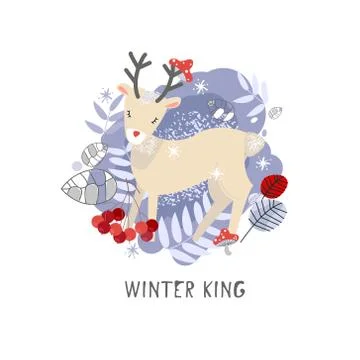 Vector winter illustration of hare. Winter elements of plants, grass mushrooms Stock Illustration