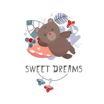 Vector winter illustration of a sleeping brown bear Stock Illustration