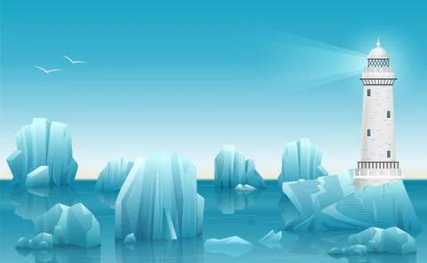 Vector Winter landscape of Lighthouse in the ice arctic ocean or sea with Stock Illustration