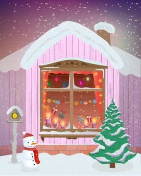 Vector winter night scene of window with Christmas candles, lights and gifts Stock Illustration