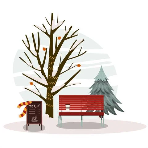 Vector winter park with a bench of trees and tea. Cartoon background with Stock Illustration