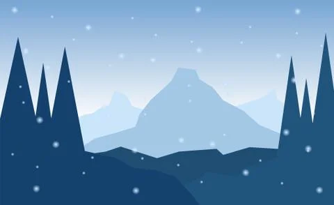 Vector of winter scene, white snow, mountains and blue sky. Stock Illustration