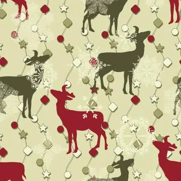 Vector winter seamless pattern with christmas decoration, deers, and snowflak Illustrazione stock