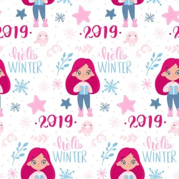Vector winter seamless pattern. Cute background with holiday symbols. Stock Illustration