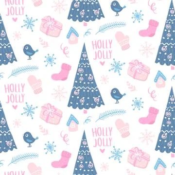 Vector winter seamless pattern. Cute background with holiday symbols. Stock Illustration