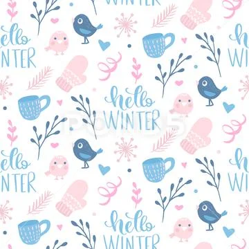 Vector winter seamless pattern. Cute background with holiday symbols. Stock Illustration