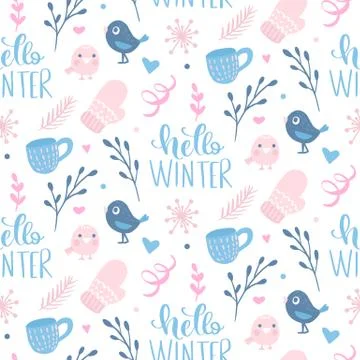 Vector winter seamless pattern. Cute background with holiday symbols. Stock Illustration