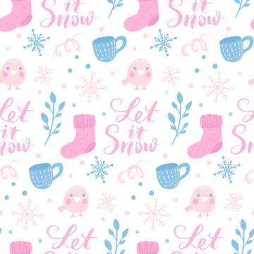 Vector winter seamless pattern. Cute background with holiday symbols. Stock Illustration