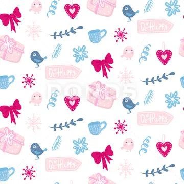 Vector winter seamless pattern. Cute background with holiday symbols. Stock Illustration