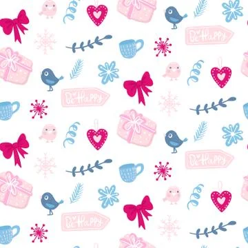 Vector winter seamless pattern. Cute background with holiday symbols. Stock Illustration