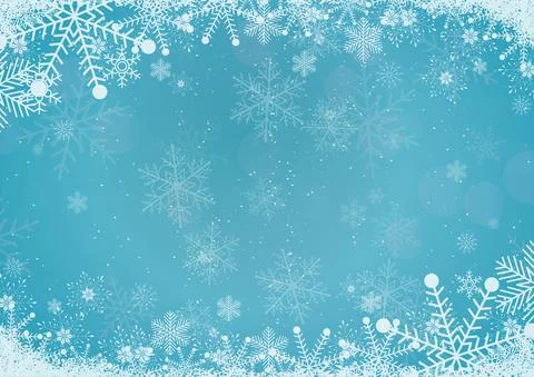 Vector winter sky blue gradient Christmas background snowflake and snow borde Illustrazione stock