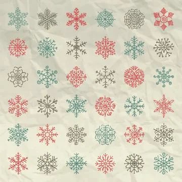 Vector Winter Snow Flakes Doodles on Crumpled Paper Stock Illustration