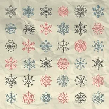 Vector Winter Snow Flakes Doodles on Crumpled Paper Stock Illustration