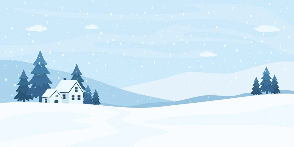 Vector Winter Snow Landscape Background with Snowfall, Pine Trees and Cozy House Stock Illustration