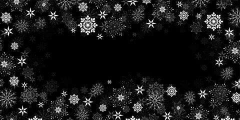 Vector. Winter snowflakes border trendy background. Freeze cold. Black. Stock Illustration