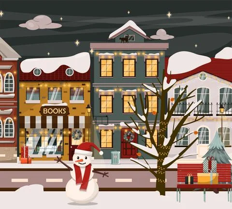 Vector winter street for Christmas. Cartoon illustration with a Christmas tree Stock Illustration