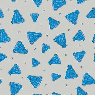 Vector winter theme seamless pattern design. Hats with snowflakes. Stock Illustration