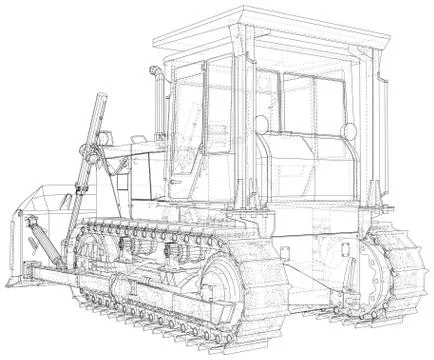 Vector Wire-frame Bulldozer. The layers of visible and invisible lines are Illustrazione stock