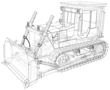 Vector Wire-frame Bulldozer. The layers of visible and invisible lines are Illustrazione stock