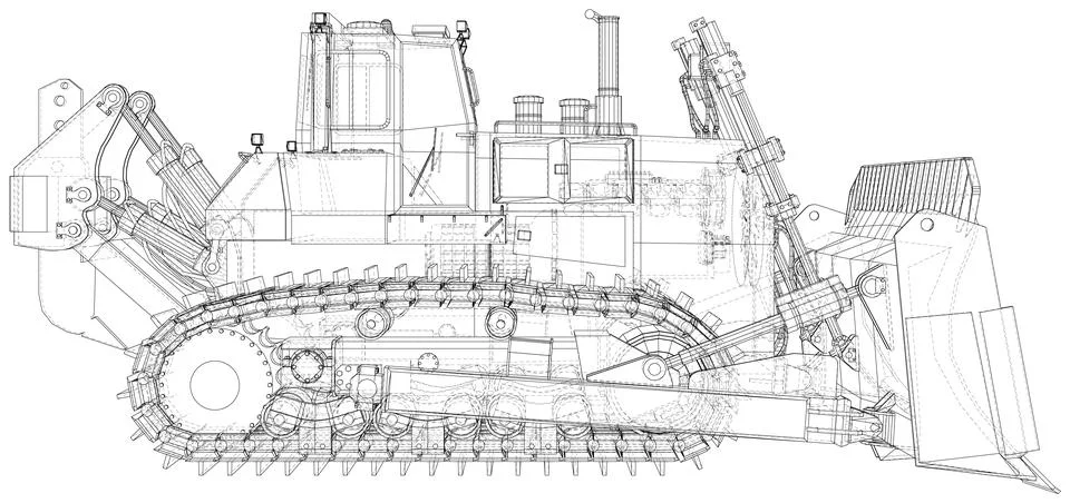 Vector Wire-frame Bulldozer. The layers of visible and invisible lines are Illustrazione stock
