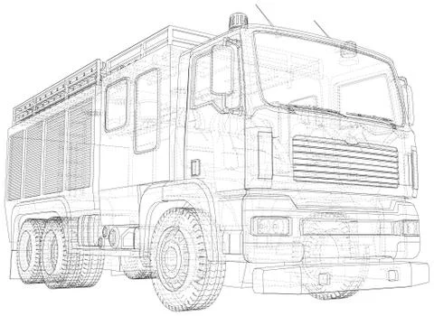 Vector Wire-frame Fire truck. The layers of visible and invisible lines are Stock Illustration