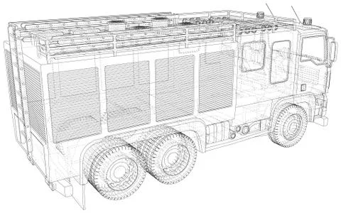 Vector Wire-frame Fire truck. The layers of visible and invisible lines are Illustrazione stock