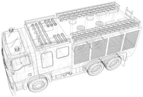 Vector Wire-frame Fire truck. The layers of visible and invisible lines are Illustrazione stock