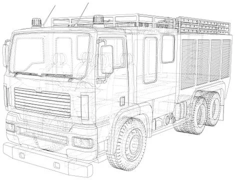 Vector Wire-frame Fire truck. The layers of visible and invisible lines are Illustrazione stock