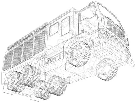 Vector Wire-frame Fire truck. The layers of visible and invisible lines are Stock Illustration