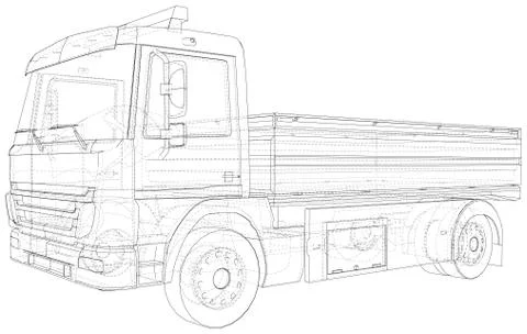 Vector Wire-frame Flatbed truck. The layers of visible and invisible lines are Stock Illustration