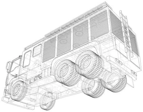 Vector Wire-frame isolated Fire truck on background. Vector rendering of 3d Illustrazione stock