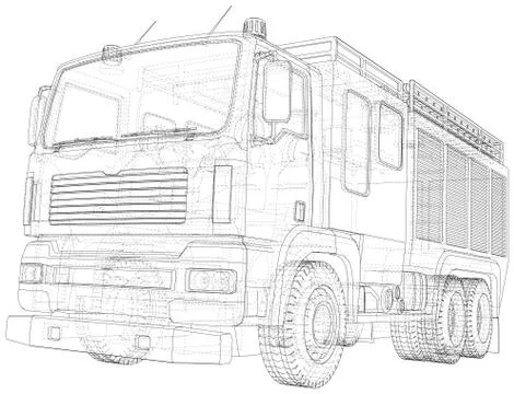 Vector Wire-frame isolated Fire truck on background. Vector rendering of 3d Illustrazione stock