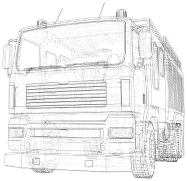 Vector Wire-frame isolated Fire truck on background. Vector rendering of 3d Illustrazione stock