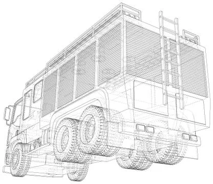 Vector Wire-frame isolated Fire truck on background. Vector rendering of 3d Illustrazione stock