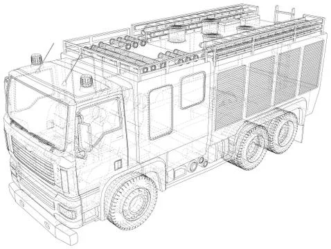 Vector Wire-frame isolated Fire truck on background. Vector rendering of 3d Illustrazione stock