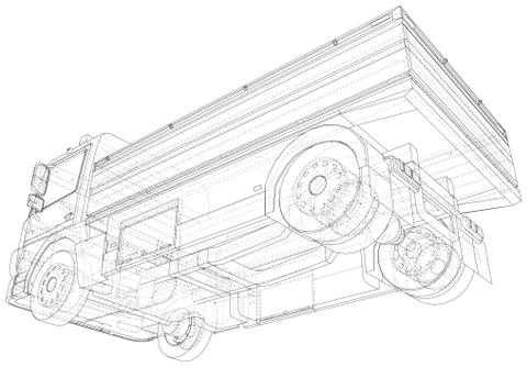 Vector Wire-frame isolated Flatbed truck on background. Vector rendering of 3d Stock Illustration