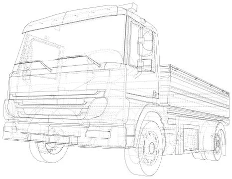 Vector Wire-frame isolated Flatbed truck on background. Vector rendering of 3d Stock Illustration