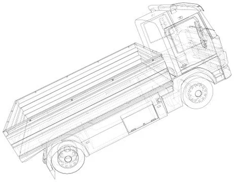 Vector Wire-frame isolated Flatbed truck on background. Vector rendering of 3d Stock Illustration