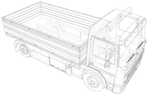 Vector Wire-frame isolated Flatbed truck on background. Vector rendering of 3d Stock Illustration